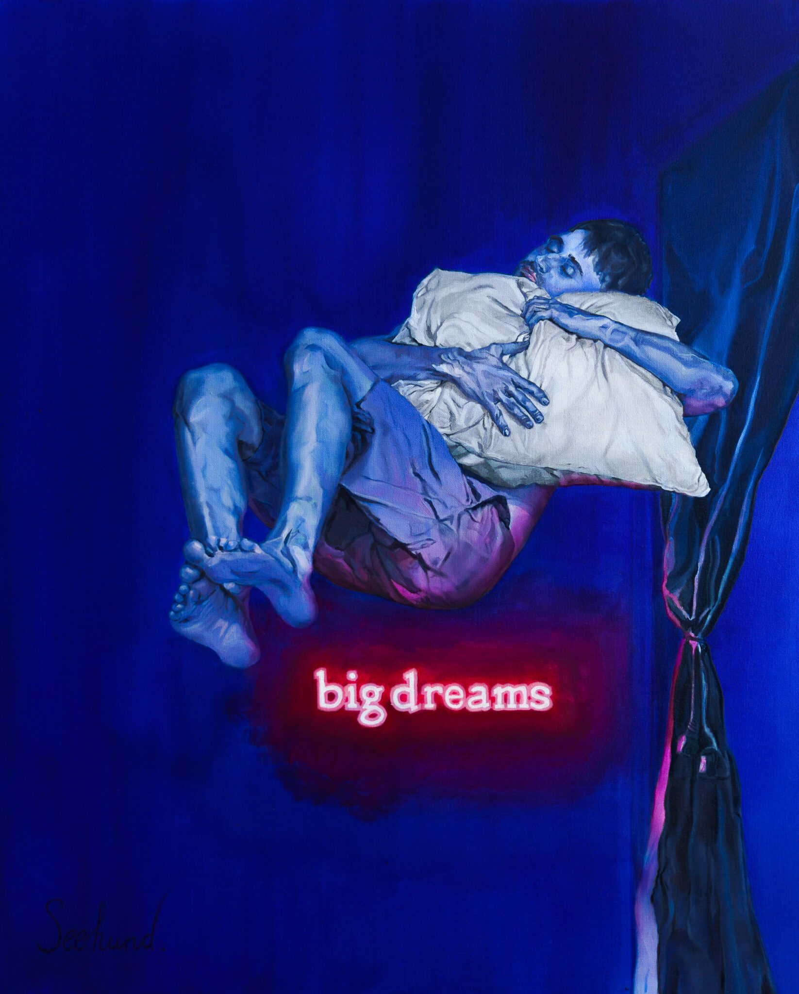 Painting of a figure floating in a deep blue, dreamlike space, clutching a pillow. Below the figure, the words 'big dreams' glow in a red neon light, creating a surreal and cinematic mood.