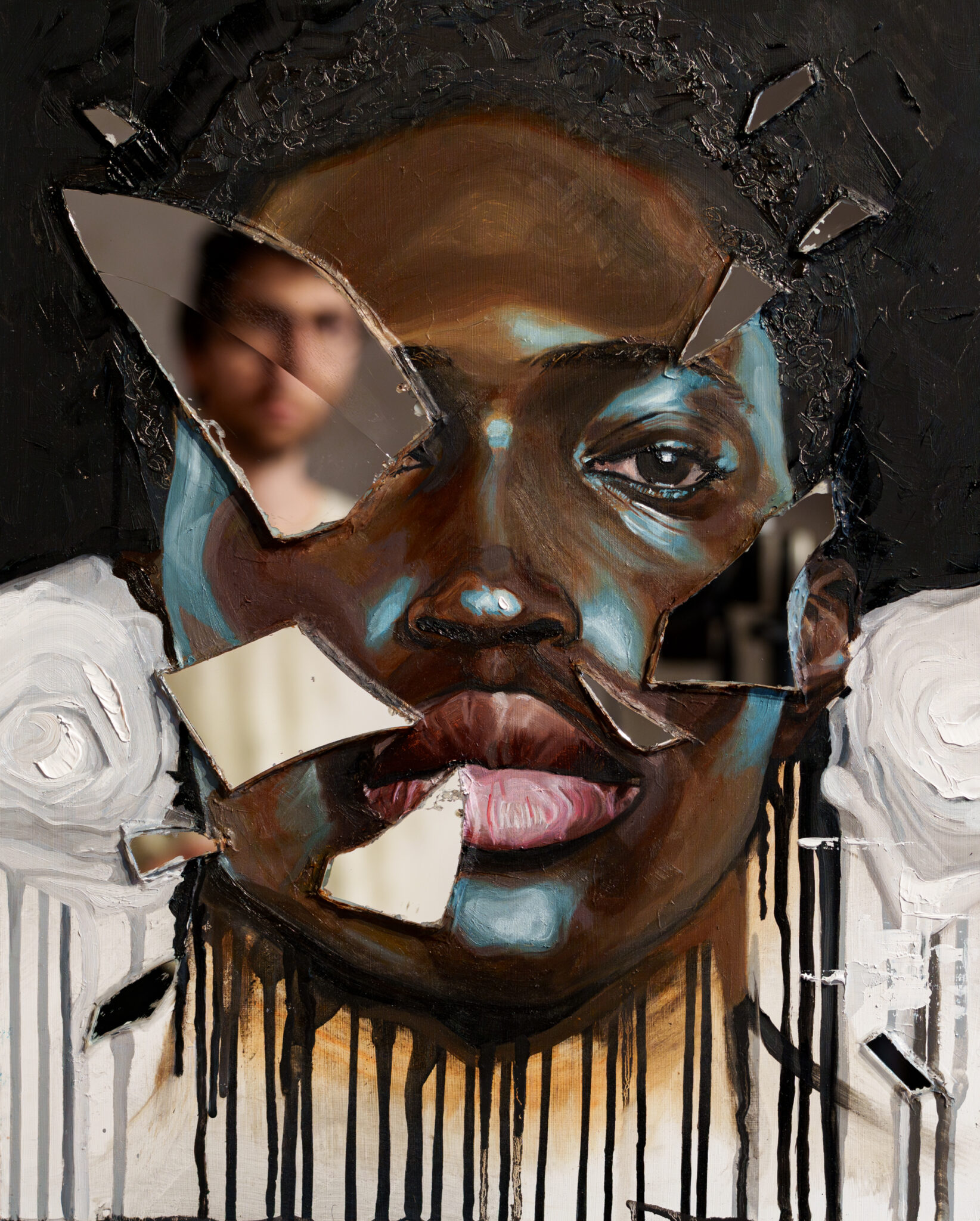 A powerful portrait of a face with pieces of broken mirror embedded on the surface. The reflections create a fragmented and multifaceted view of the subject, whose expression is partially obscured by the shards. It's potentially a portrait of the viewer too.