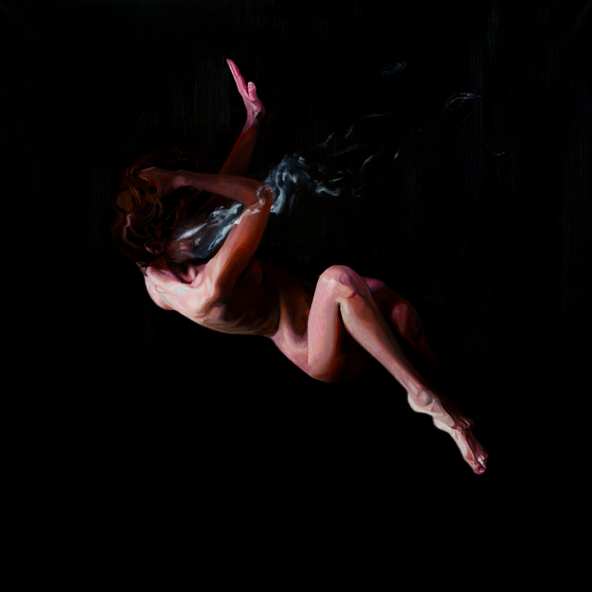 Oil painting of a nude figure curled up and floating in a void-like black space. The form is rendered realistically but seems to be dissolving at the edges, creating a sense of quiet solitude and evanescence.