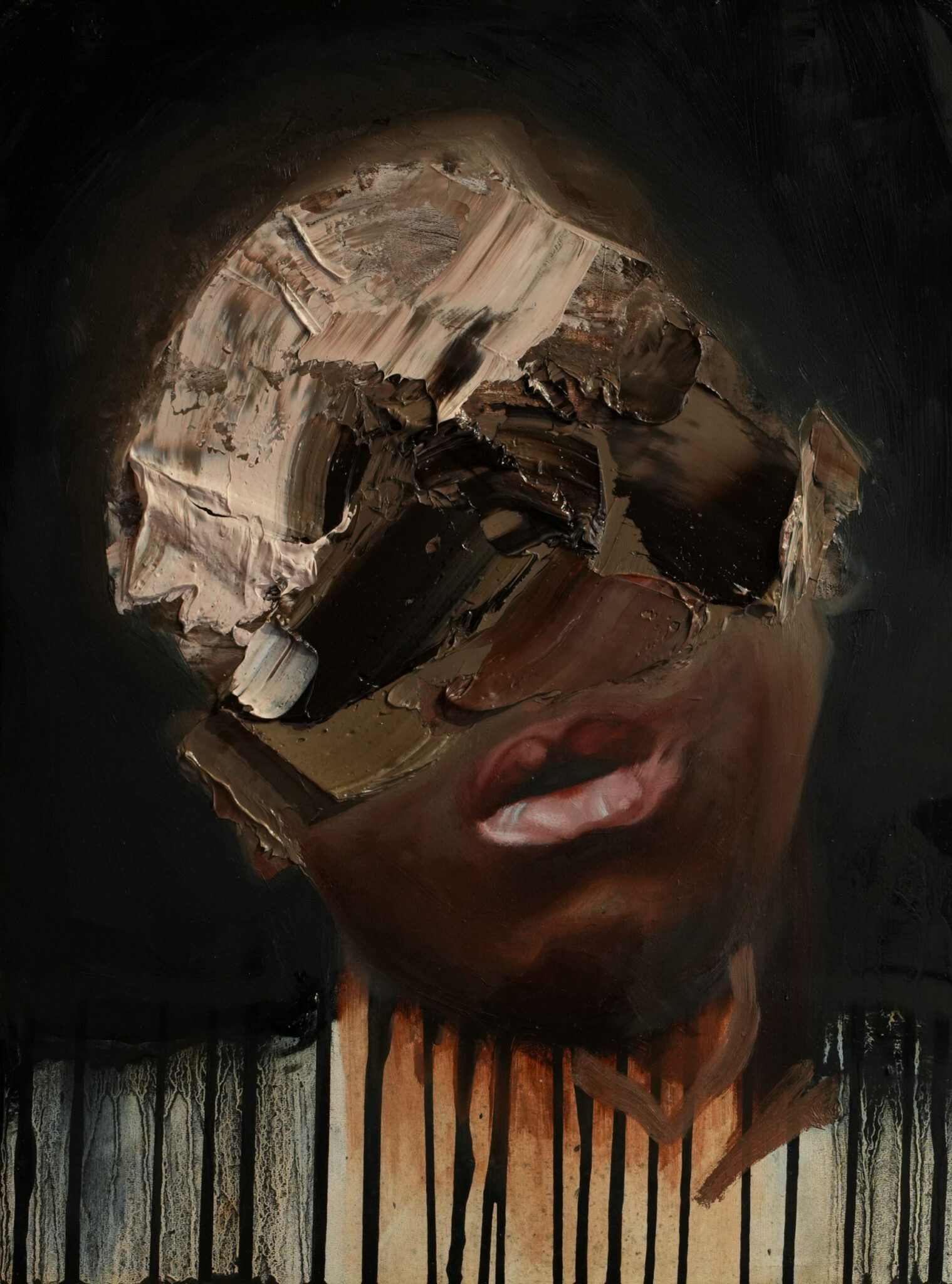 Figurative oil portrait where the upper face is masked by a thick layer of sculptural impasto paint. Below, the neck and chest dissolve into vertical paint drips, suggesting a fragile state and a ghostly presence.