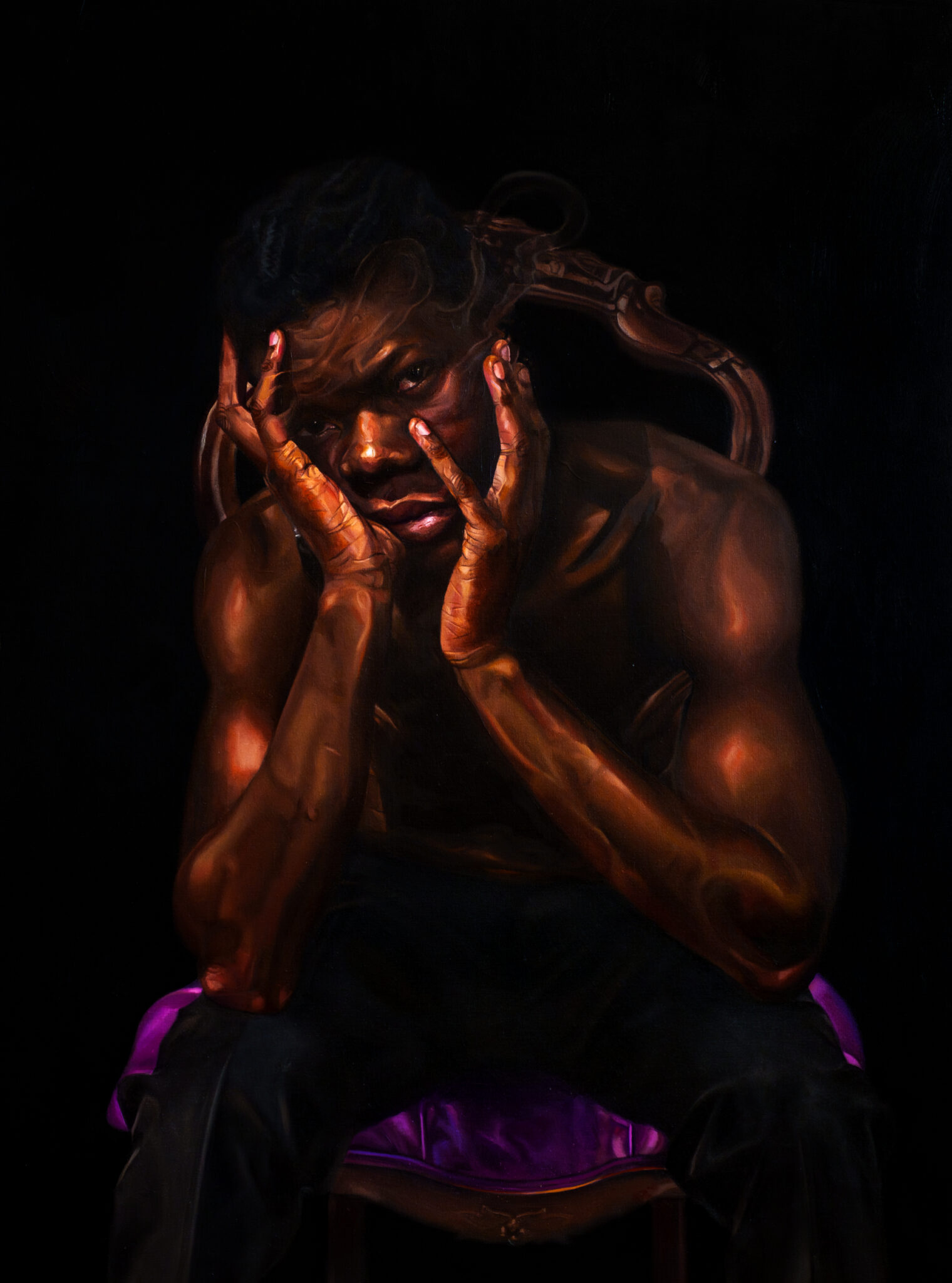A dramatic chiaroscuro oil portrait of a man sitting in a chair, holding his head in his hands. The light carves out the muscular form from the deep darkness, creating an atmosphere of intense anguish and introspection.