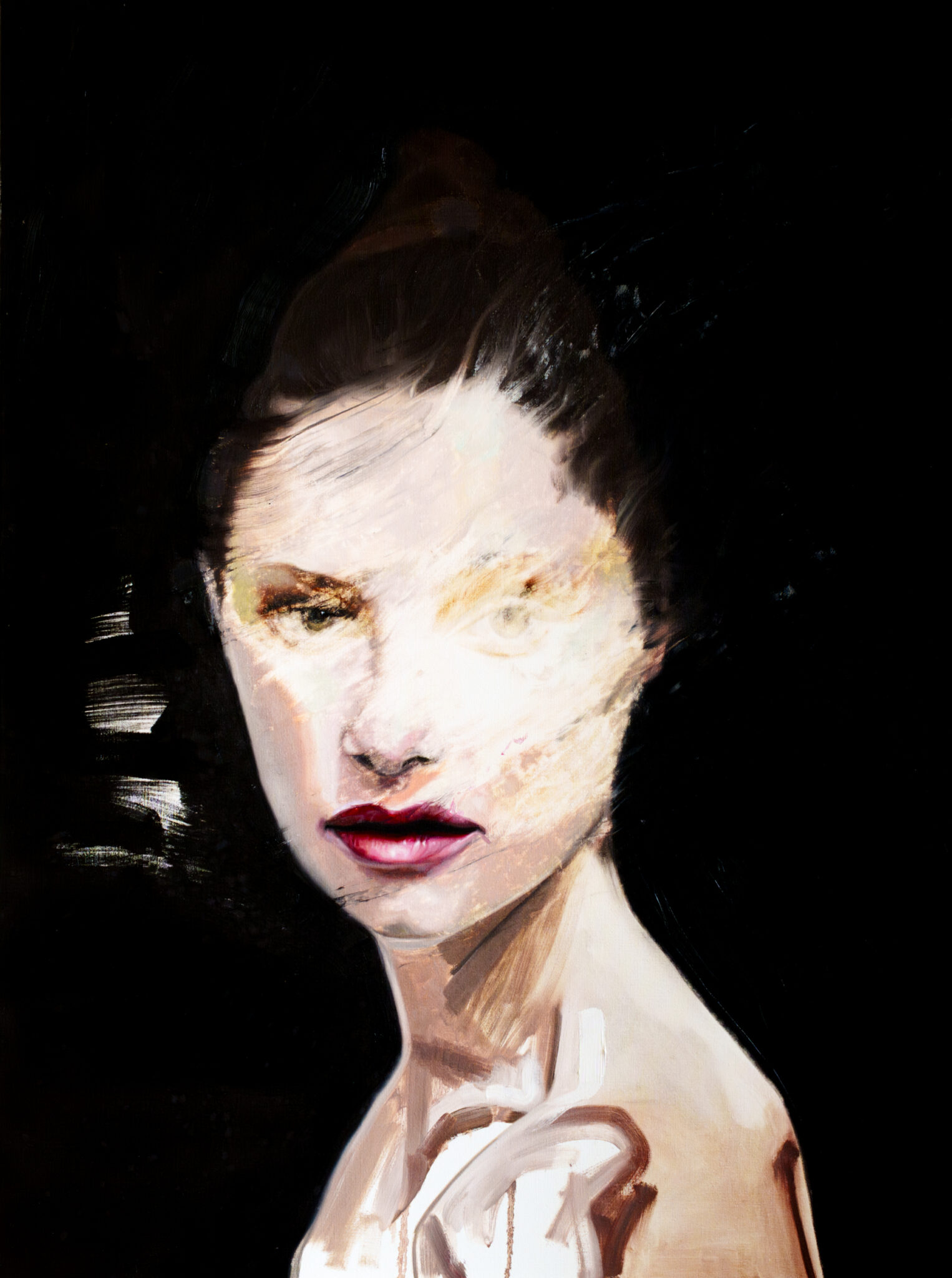 An expressive oil portrait of a woman looking towards the viewer. Her face is partially dissolved by a bright, textured patch of white and yellow paint, creating a high-contrast, ghostly effect against the dark background.