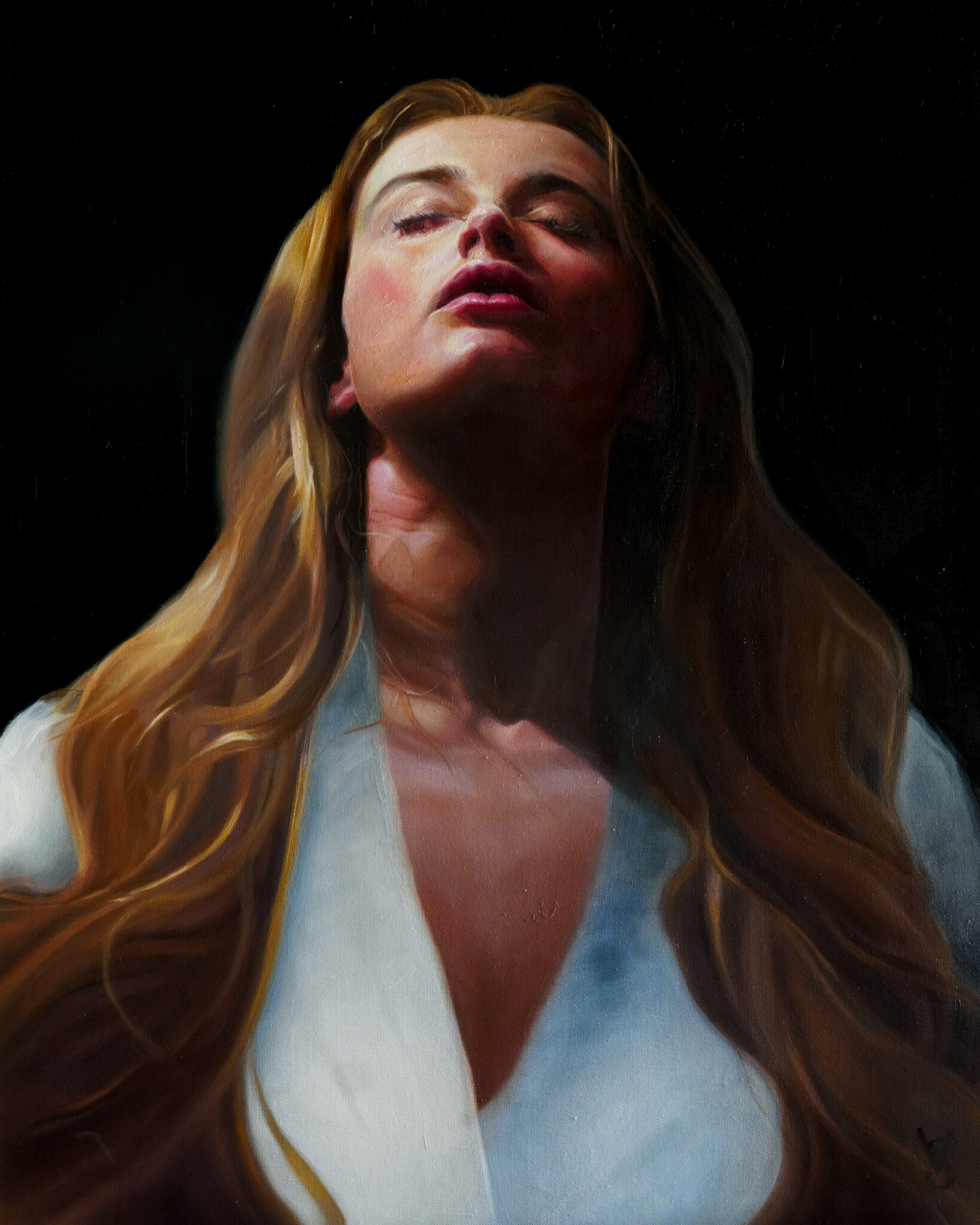 An oil painting of a female figure with her head tilted back and eyes closed in a moment of prayer or ecstasy. The face is dramatically lit from above, creating a sense of release and an intense atmosphere.