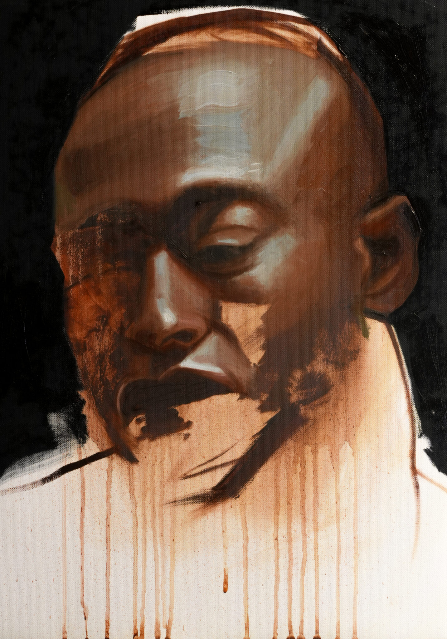 An oil portrait of a black man's head tilted down, with dark paint dripping from the chin and neck onto a white background. Parts of the face are rubbed away, evoking a sense of melancholy and dissolution.