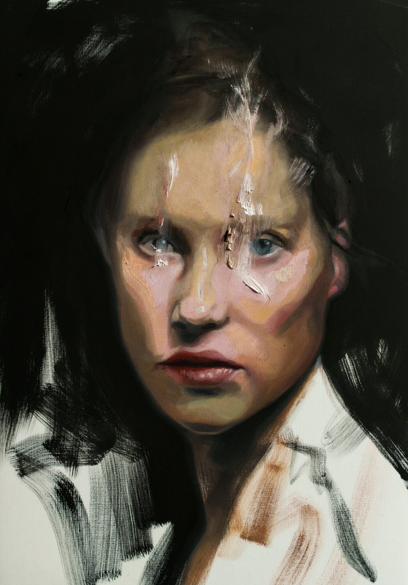 Expressive oil portrait of a woman with blue eyes looking directly at the viewer. Her face has small, textured marks of white impasto paint, giving a smoky effect, and the portrait dissolves into raw, sketchy brushstrokes at the bottom.