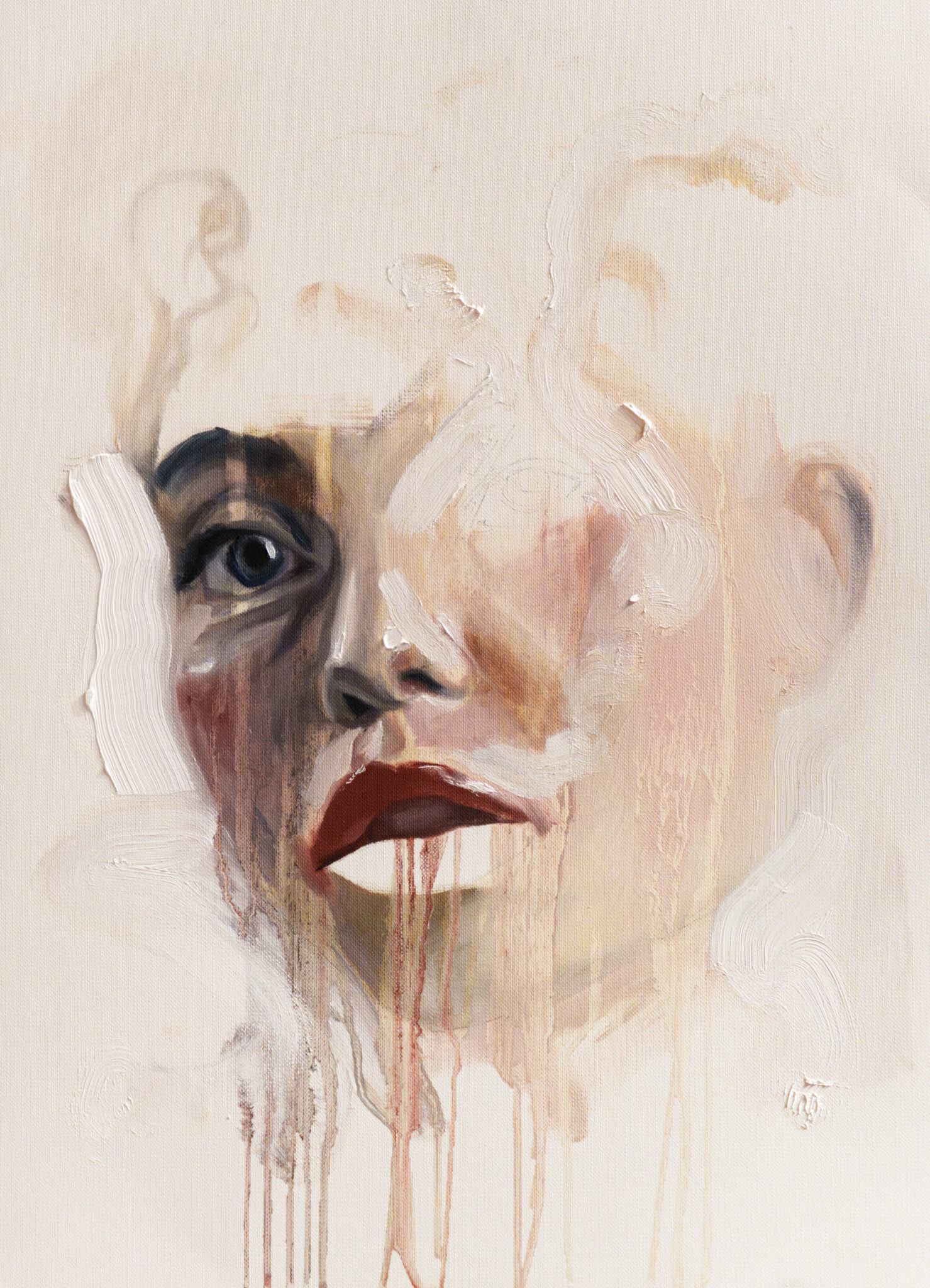 A pale, ethereal portrait of a face against a white background. One eye is clearly visible while the rest of the face dissolves into washes of color and drips of red and brown paint, creating a fragile and haunting image.