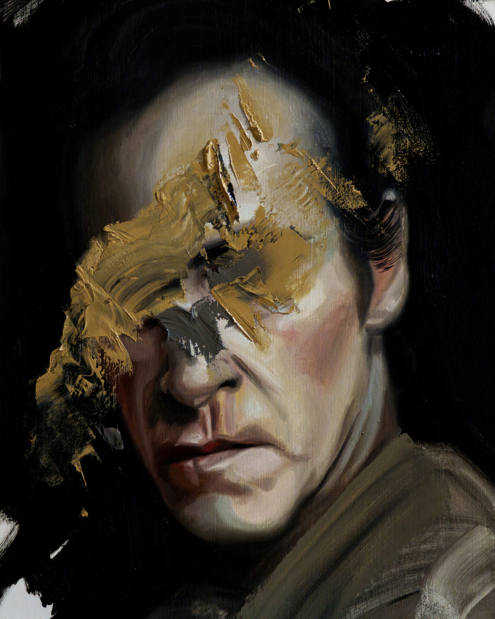 A portrait of a man's face, with a tense jaw, heavily obscured by a diagonal application of thick, ochre and grey impasto paint. The raw texture covers the eyes, suggesting a feeling of being censored or blinded.