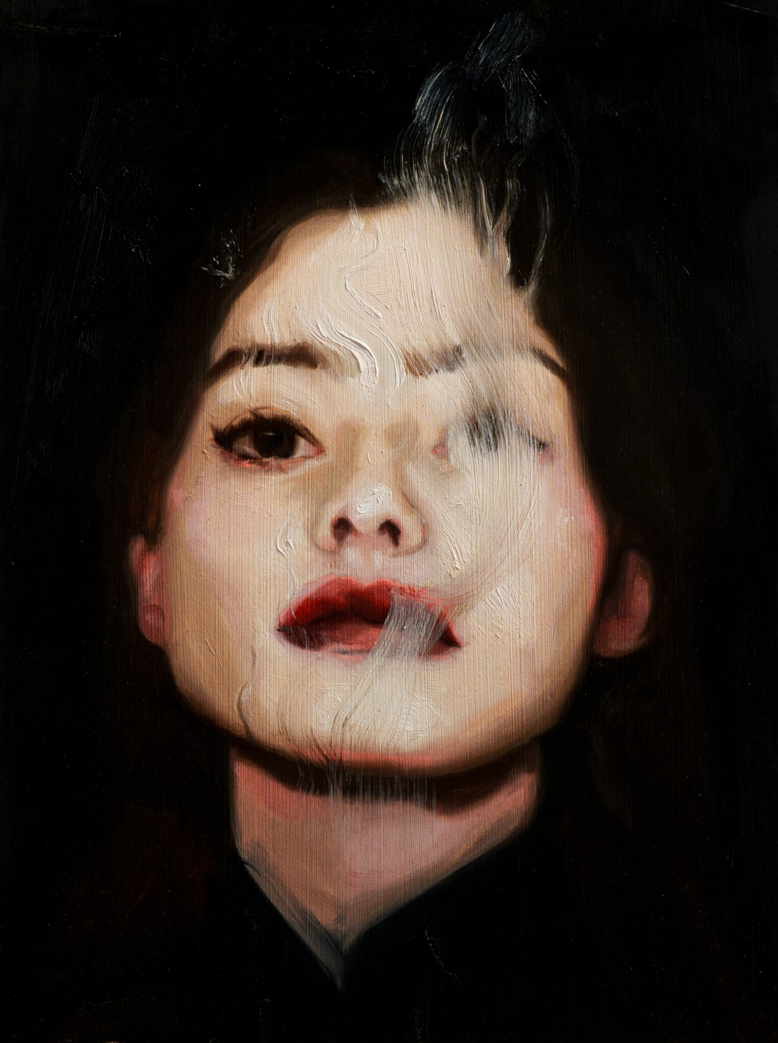 Close-up oil portrait of a face looking directly at the viewer. One side of the face is rendered realistically, while the other dissolves into a smoky, painterly texture, suggesting a fading presence.