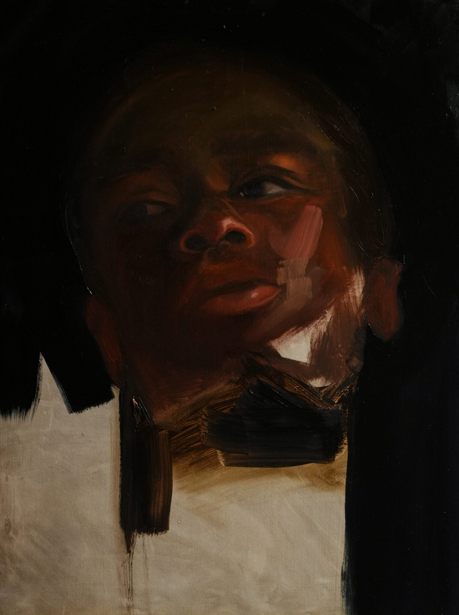 A dark, expressive oil portrait of a figure looking sideways. The features are loosely defined, some very blended and soft and some with raw, blocky brushstrokes against a black background, creating a mysterious atmosphere.