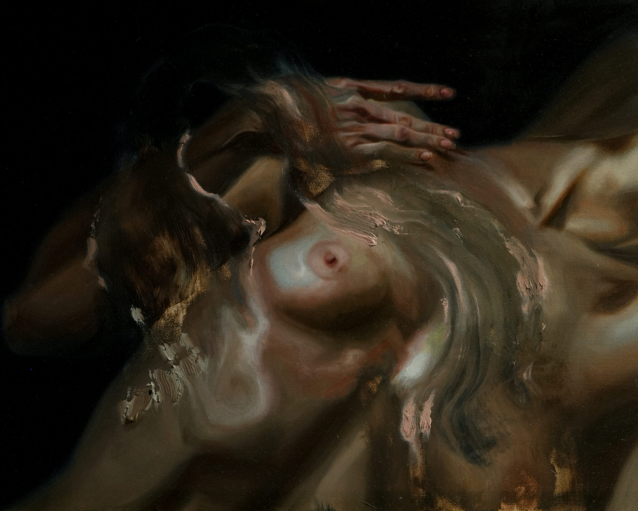 An expressive nude in chiaroscuro, where the softness of the skin is disrupted by brutal paint marks. The piece captures a tension between sensual abandonment and dramatic material erosion.